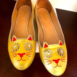 Charlotte Olympia golden suede kitty flats sz 9